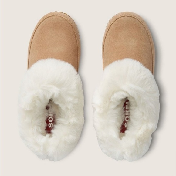 Sorel Women’s Go Coffee Run Slippers Tan Suede Leather Fur Slip On Shoes NWT - Picture 1 of 16